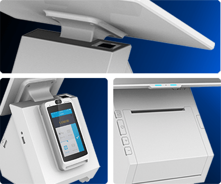 A built-in high-quality barcode scanner An integrated auto-cutter printer Optional fingerprint authentication